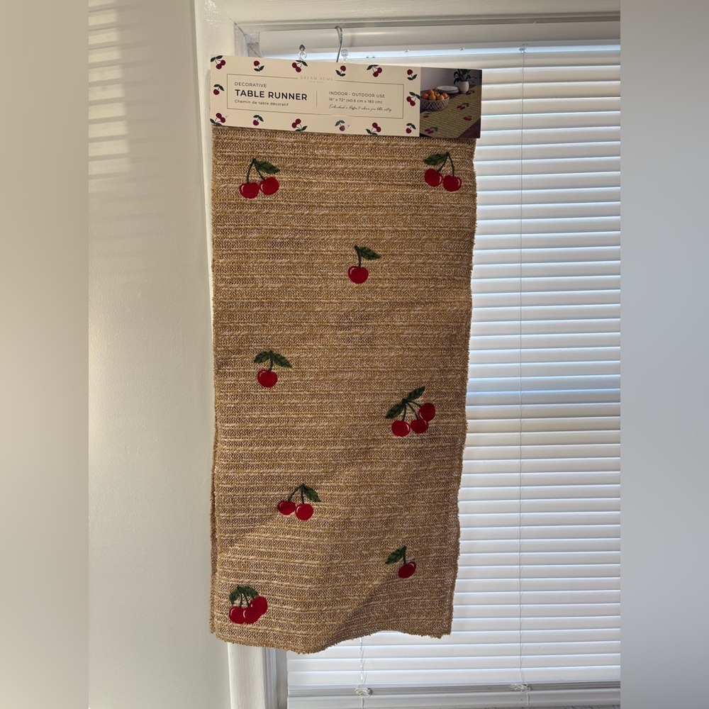 Dream Home Cherry Embroidered Table Runner on Raffia